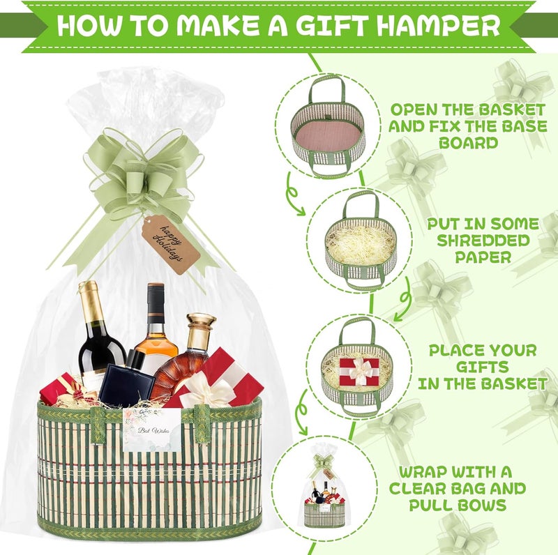 SelfTek 3 Pack Baskets for Gifts Empty, Woven Bamboo G-ift Basket Kit with Wrap Bags, Gift Card, Raffia and Pull Bows, Gifts Baskets for Birthday, Wedding, 30 x 20 x 15 cm - Green - Image 4